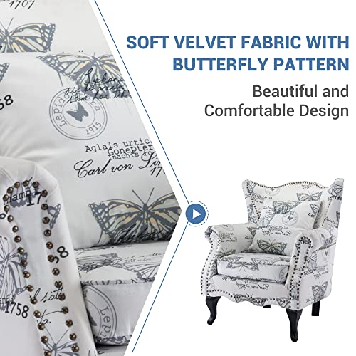 Kcc Living Room Accent Chair Mid Century Modern Reading Arm Chair For Bedroom, Upholstered Club Chair Single Sofa Chair With Tufted Back, Rubber Wood Legs And Lumbar Pillow, Butterfly #TOP3