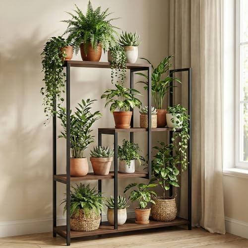 Image of ORILEY TriVista 3 Tier Wooden Plant Stand with Rectangular Base Indoor Multiple Flower Pot Holder Wood Display Racks for Home Potted Plants and Flowers Balcony & Garden Tall Shelf (Pack of 1)