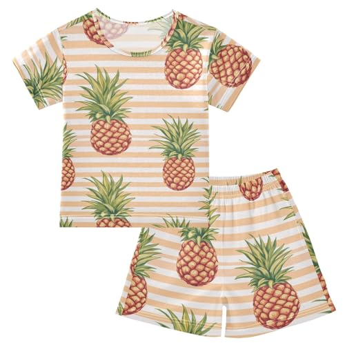 ALAZA Cute Pineapples Stripes Pajama Set Short Sleeve Sleepwear Soft Lounge Nightwear