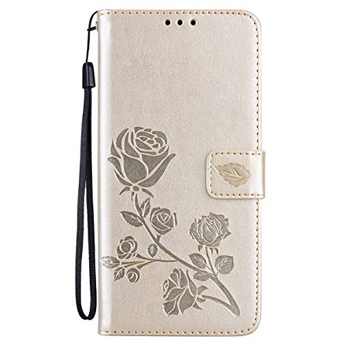 Miagon Housse en Cuir pour Samsung Galaxy A32 4G,Embossed Rose Fleur Motif Portefeuille Coque Cover Support Anti-Rayure Protecteur,Or