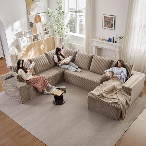 Image of Modern Modular Sectional Sofa, Big Comfy Corduroy Cloud Couch with Deep Seat, Boneless Couch Upholstered 6-Seater U-Shaped Sofa for Living Room, No Assembly Required (Camel, Right-Facing Chaise)