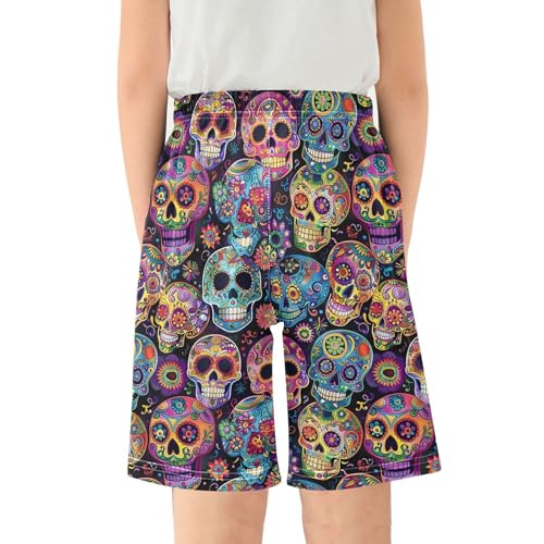 ALAZA Sugar Skull Flower Floral Black Pajama Shorts Elastic Waist Casual Sleep Shorts with Pockets Size 6-142
