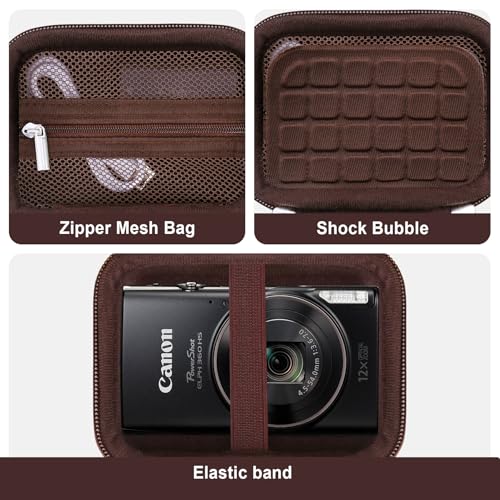 Image of Camera Case for Canon PowerShot ELPH 360 HS A, IXY 650 /ELPH 360 Camera Protective Case Storage Holder Travel Bag with Wrist Strap, Mesh Pocket for Battery Pack, USB Cable, Brown