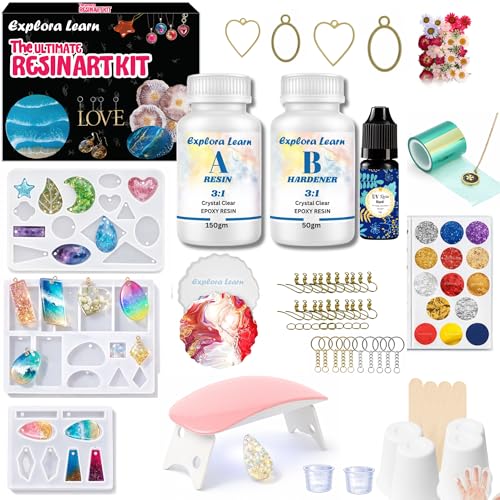 Image of Exploralearn Pro Resin Art Kit and UV Resin Combo - Epoxy Resin (200gm 3:1) + UV Resin with Lamp & Bezels | DIY Jewellery Making Kit with Moulds, Dry Flowers, Glitters, Pigments & Tools for Beginners & Adults