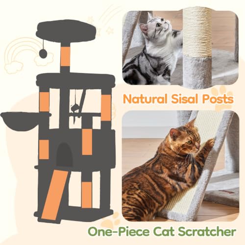 Image of Taoqimiao Sturdy Cat Tree, Cat Tower for Indoor Cats, Extra-Large Platform | 58.7Inch, Widened Cat Condo with Large Scratch Board, Top Perch, 6 Sisal Scratching Posts, Soft Basket, Light Gray, MS045W