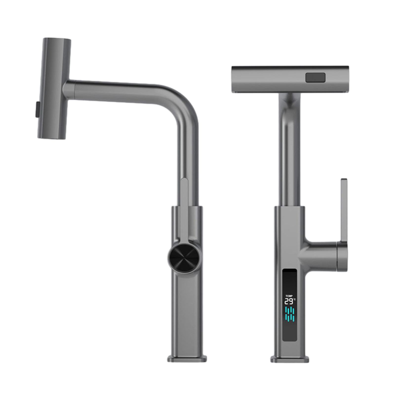 BHFPFZA All Copper Kitchen Faucet with Digital Display Hot and Cold Water Mixer Tap Pull Out Sprayer Splash Proof Gun Gray