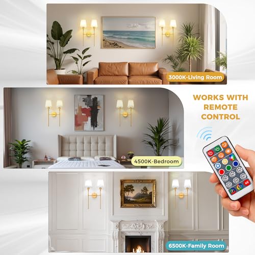 Image of DORESshop 2-Lights Battery Operated Wall Sconce, Gold Wireless Wall Light