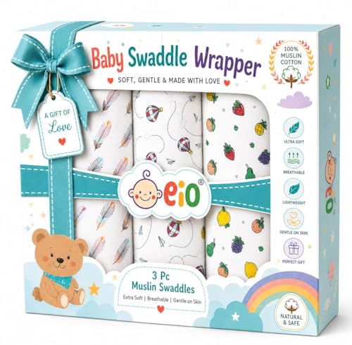 Image of EIO Baby Muslin Swaddle Wrapper Set of 3 | Soft & Breathable Muslin Cotton Swaddle Blankets for Newborns & Infants | Multi-Purpose Receiving Blanket, Nursing Cover, Burp Cloth & Stroller Cover