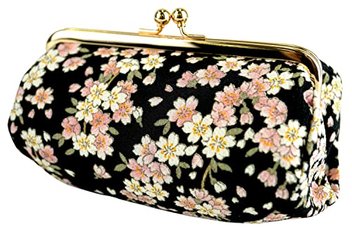 (0105-7) Uni Fiber, Made in Japan, Nikoshi Crepe, Japanese Pattern, Coin Purse Cosmetic Pouch, Cherry Blossom, Black