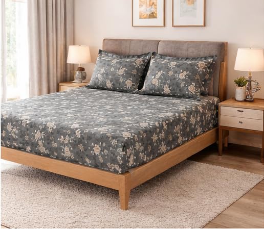 Image of 210 TC Glace Cotton Floral Grey Printed Cotton Bedsheet with Pillow Cover - Soft & Breathable Double Bed Sheet 90x100 Inche