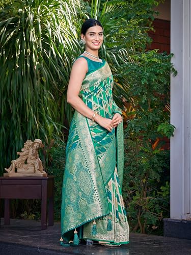 Image of MANOHARI Women's Trendy Banarasi Satin Silk Woven Saree with Heavy Jacquard Work, Elegant Design with Matching Lace Border Unstitched Blouse Piece for Weddings & Festive Occasions