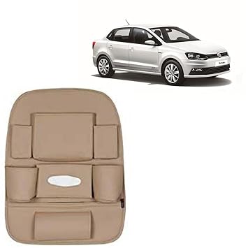 RD Universal PU Leather Car Auto Seat Back Organizer Multi Pocket Travel Storage Bag with Hangers, Tissue Paper and Bottle Holder-Beige Colour Compatible for Volkswagen Ameo