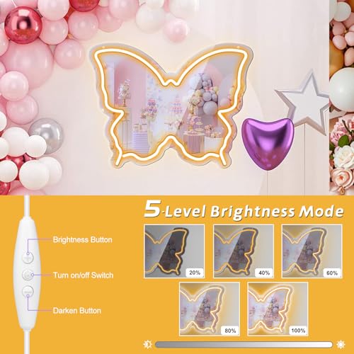 Image of Butterfly Neon Sign Mirror, LED Neon Signs for Wall Decor, 15.7'' x 12'' Dimmable Neon Light for Teen Girls & Kids Birthday Party Gift, Neon Sign for Girl Room Decor, Wall Mirror, USB Powered (Warm White)