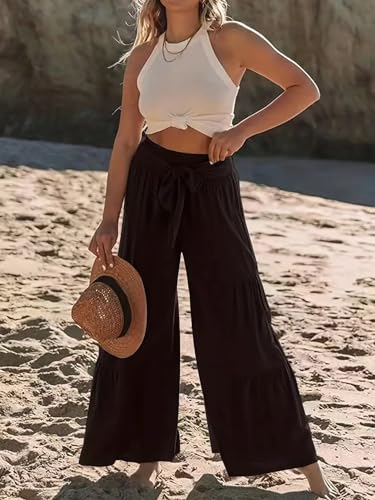 Women’s Solid Color Wide Leg Pants with Pockets Summer Long Pants 2024 Outdoor Loose Fit Pants2