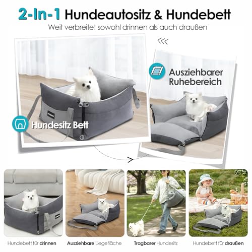 Hundesitz Auto für Kleine & Mittlere Hunde Unter 15KG, Tragbares Hundekorb mit Ausziehbarer Ruhebereich, Abnehmbarer und Waschbarer Auto Reise Hundebett mit Staufächern und Sicherheitsgurt