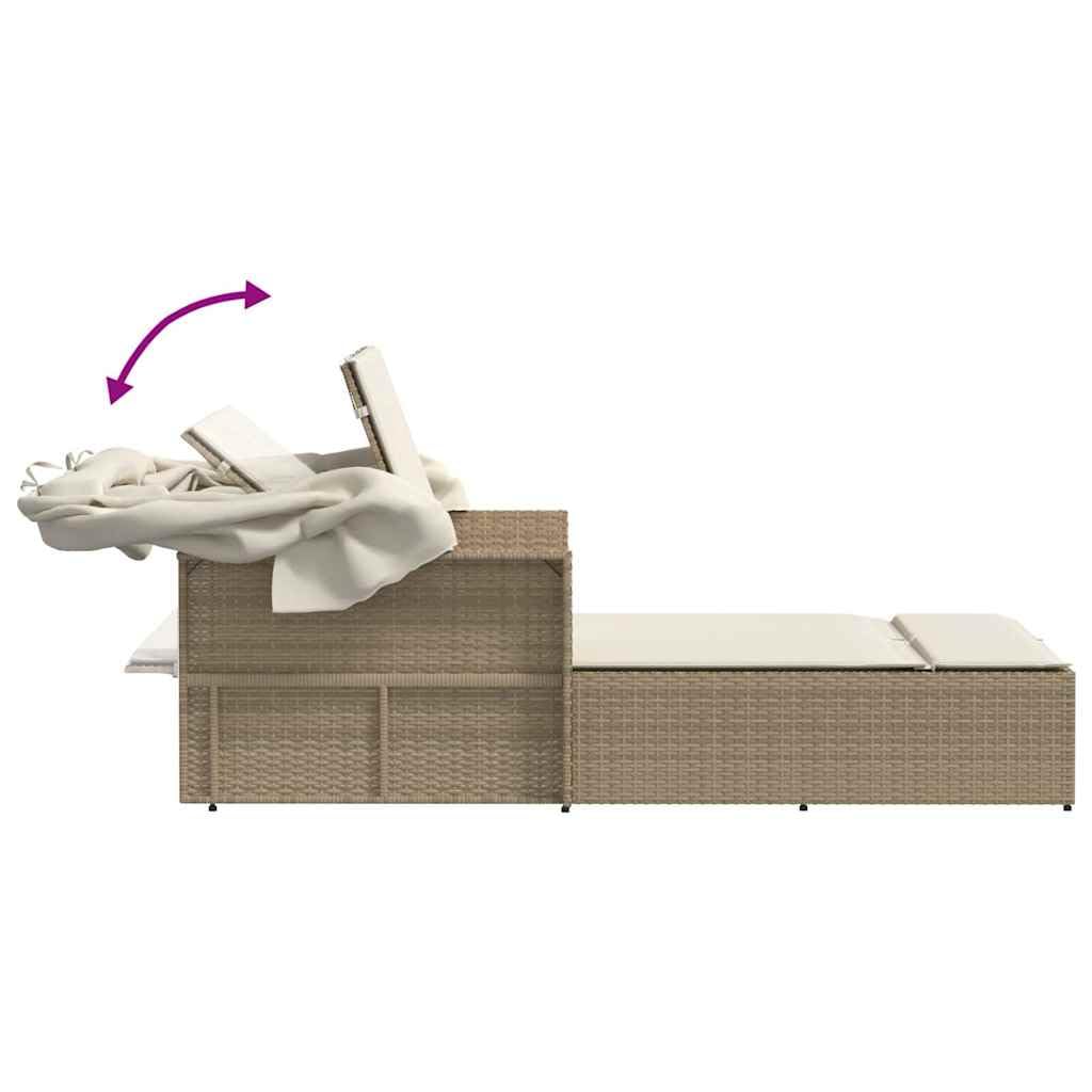 Chaise longue double avec toit pare-soleil en polyrotin - Beige