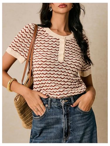 Verdusa Women's Striped Half Button Sweater Short Sleeve Crew Neck Lightweight Knit Tops3