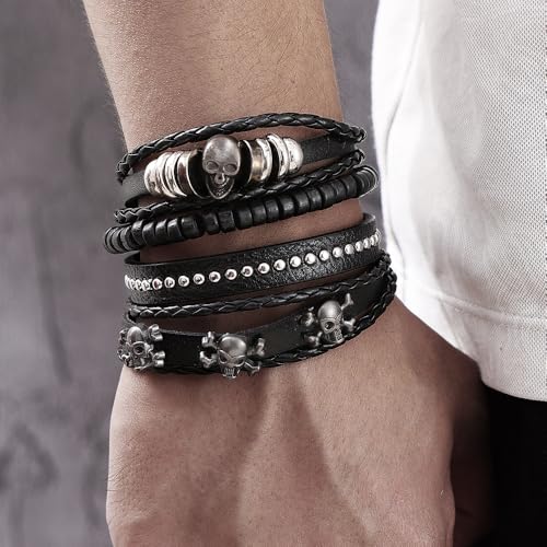 KISS WIFE Leather Bracelet for Men, 4 Packs Punk Bracelets Set, PU Braided Wrap Wristband Skull Skeleton Rock Emo Jewelry Accessories Adjustable Black Brown3