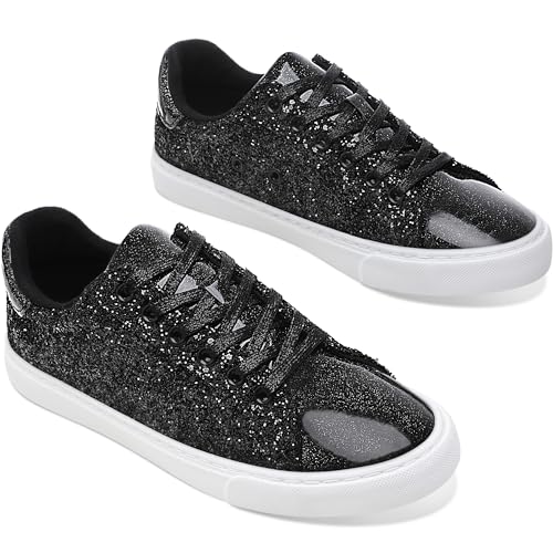 AISFAES Glitter Sneakers Sparkly Low Top Sequins Sneakers Lace Up Tennis Shoes Comfort Bling Shoes Fashion Shiny Walking Shoes(Black Glitter,6 Women/5 Men)