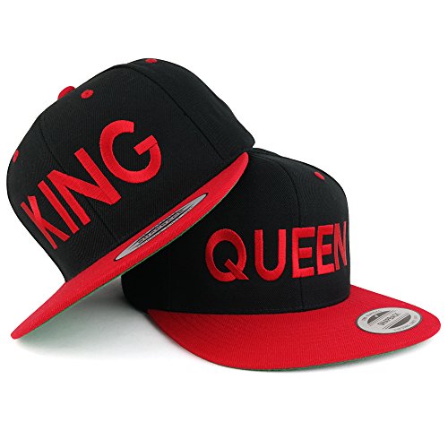 Trendy Apparel Shop King and Queen Two Tone Embroidered Flat Bill Snapback Cap - 2pc Set - Black Red