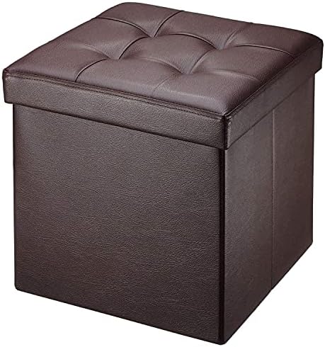 BRIAN & DANY Folding Ottoman Storage Box with Lid, Faux Leather Footstool Toy Storage Box Storage Seat 38 x 38 x 38 cm (Brown)