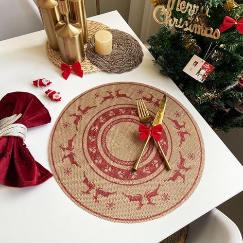 Beydodo Manteles Individuales 2 Redondo Lavable,Mantel Individual Redondo con Patrón de Navidad Lino Manteles Individuales de Rojo,38CM