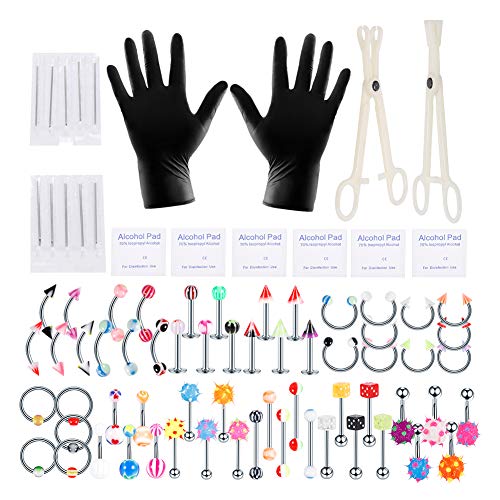 Jusway 80PCS Piercing Jewelry Needle Kits Stainless Steel Acrylic 14G 16G Belly Piercing Kit Tongue Labret Eyebrow Barbells Random Mix Color Body Piercing Kit Tools