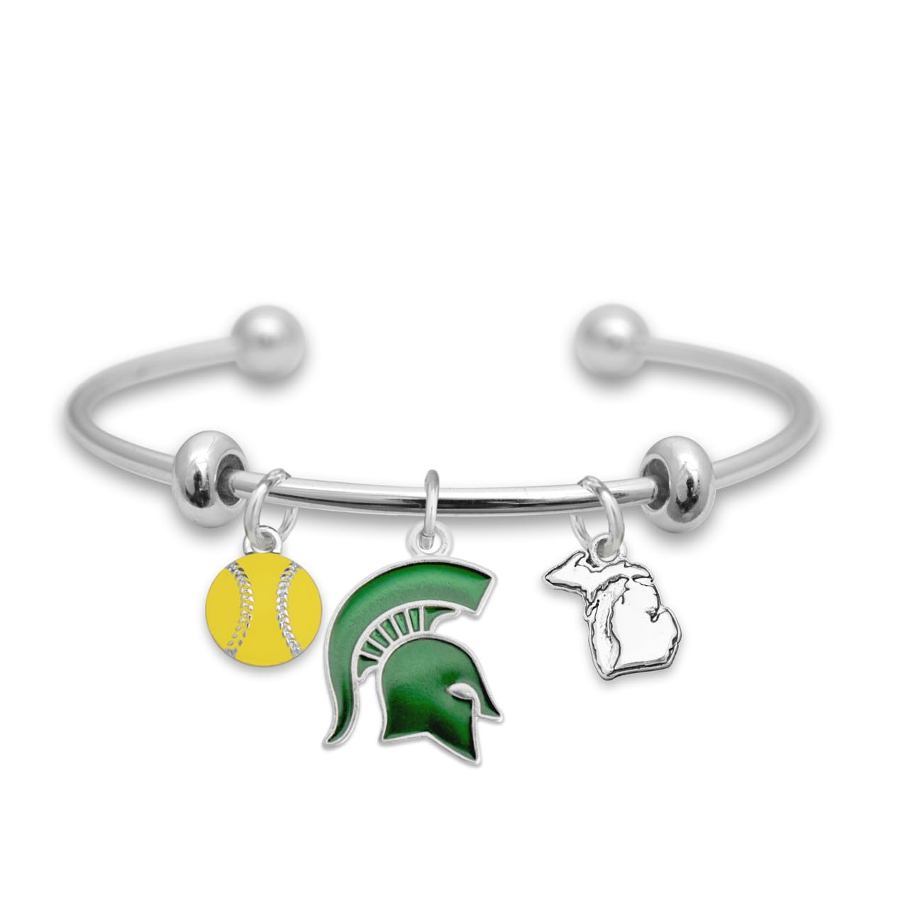 From the Heart Michigan State Spartans Softball Accent Charm Team Traditions Cuff Bracelet with Team Color Logo, Softball and State Accent Charm Officially Licensed Jewelry Fan MSU