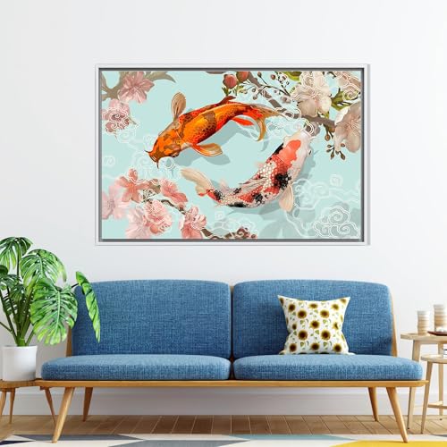 Art mural floral sur toile carpe koï japonaise deco maison zen