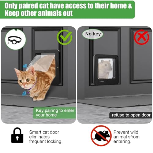 Chatière électronique intelligente pour chat avec 2 colliers de capteur et télécommande, mode de verrouillage réglable, résistant aux intempéries pour ouverture de 19 x 19 cm