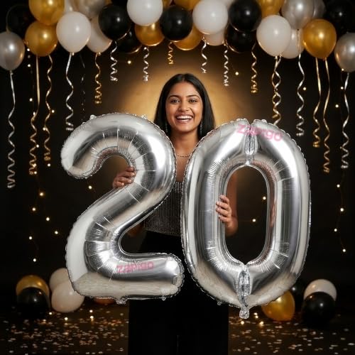 Image of Balloonistics Silver 40-Inch Foil Number 20 Balloon - Helium or Air Fill for 20th Birthday, Anniversary Party Decoration, Photo Booth Backdrop, Cake Table Decor