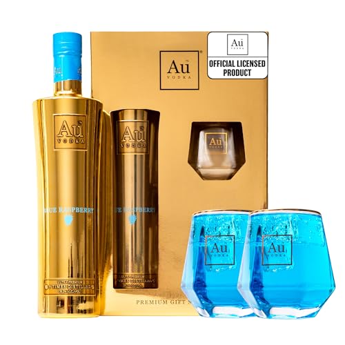 Au Vodka Gift Set Blue Raspberry 70 cl 2 Diamond Cut Gold Glasses