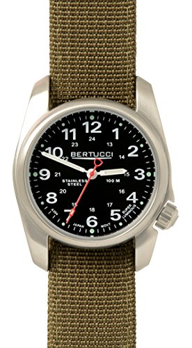 Bertucci A-1S Field Watch, Stainless Steel Casing, Black Dial, Heavy Duty Two Ply Dark Khaki Band