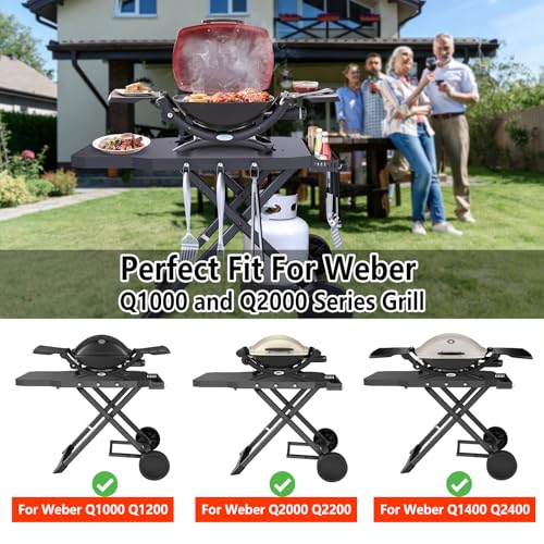 Image of Upgraded Portable Grill Cart for Weber Q1200, Q1000, Q2200, Q2000, Q2400, Foldable Cart for Weber Q Series Gas Grills, Outdoor BBQ Stand with Propane Tank Holder for Travel and Camping