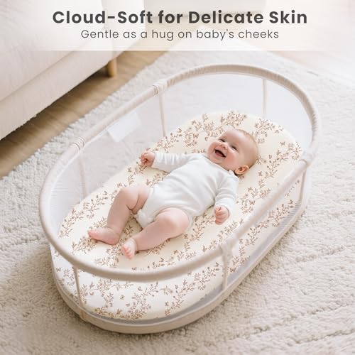 Image of Konssy 3 Pack Stretchy Bassinet Sheets for Baby Girl Boy, Soft Breathable Baby Bassinet Mattress Sheets Fit for Hourglass Oval Cradle, Moses Basket Rectangle Mattress (Flutter Garden)