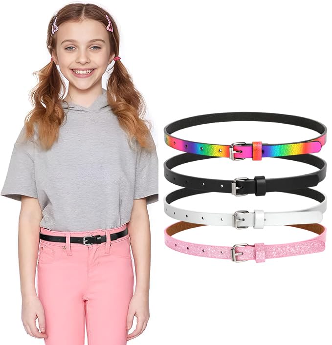 WERFORU 4 Pack Kids PU Leather Skinny Belt for Girls Boys Teen Child Thin Shiny Glitter Waist Belt for Jeans Dress, Black+Silver+Pink+Rainbow,Fits Waist Size 18-24 Inches