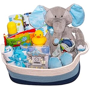 Nikki’s Gift Baskets – Bundle of Joy Deluxe Baby Boy Gift Set with 21-Piece Newborn Essentials, Medium Baby Gift Basket Kit for Expecting Moms, Blue