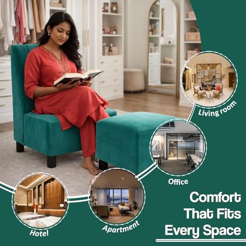 Image of Rosebell Sofa with Ottoman Combo One Seater Sofa Set with Matching Footrest for Living Room & Bedroom, Guest Room - Green Color