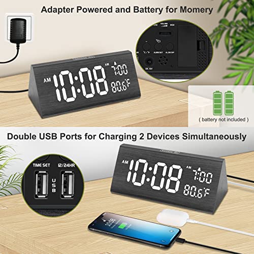 Dreamsky Wooden Digital Alarm Clock For Bedroom - 7.7" Electric Clocks With 2 Usb Ports, Large Numbers, Temperature, 0-100% Brightness Dimmer, Adjustable Alarm Volume, Snooze, 12/24H #TOP5