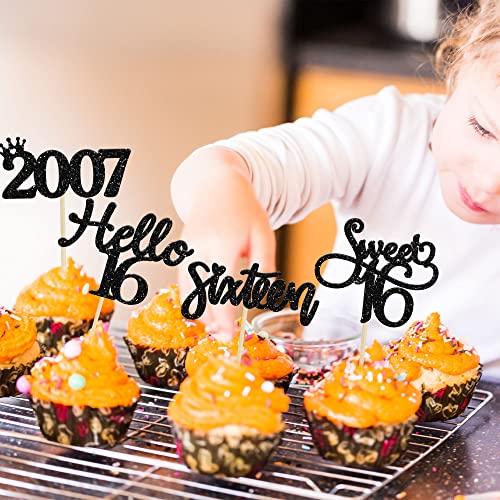 Gyufise 24 Pack Black Glitter 16Th Birthday Cupcake Toppers Hello Sweet 16 Sixteen Since 2007 Cupcake Picks For 16Th Birthday Party Cake Decorations Supplies #TOP25