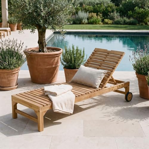 Sonnenliege Granada mit Rollen Teak Natur aus massivem Teakholz Verstellbarer Rücken Gartenliege aus Holz Teakholz Gartenmöbel