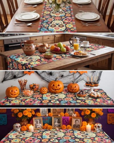 REPROE Dia De Los Muertos Table Runner, Sugar Skull Floral 13x72 - image 4
