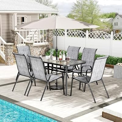 TLSUNNY 7 Pieces Patio Dining Set, Outdoor Table and Chairs W/1.69? Umbrella Hole, 30"X 55" Table and Stackable Textilene Chair, All Weather Patio Furniture Set (Umbrella not Included) (Grey)