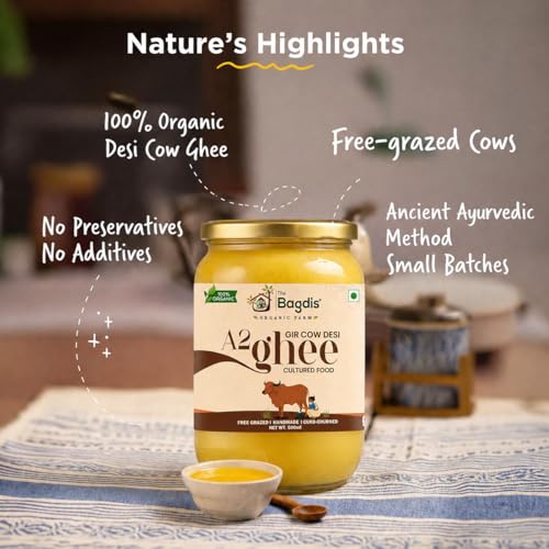 Image of The Bagdis Organic A2 Gir Cow Cultured Ghee - 200 ml | Hand-Churned Cultured Bilona Ghee | Grass-Fed, 100% Pure & Natural, High Smoke Point, | Glyphosate Free