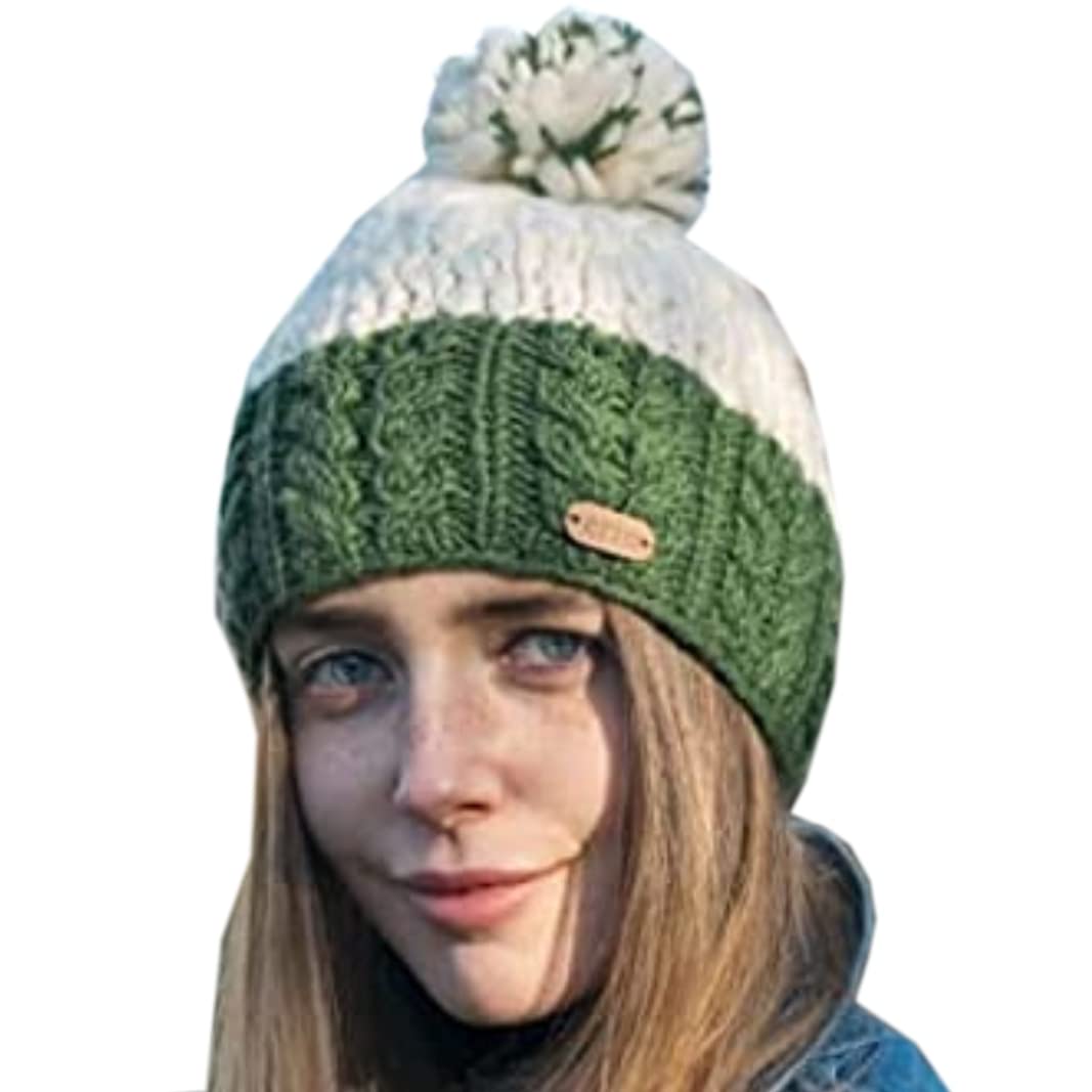 ErinKnitwear Cable Band Beanie with Bobble | Green, One Size