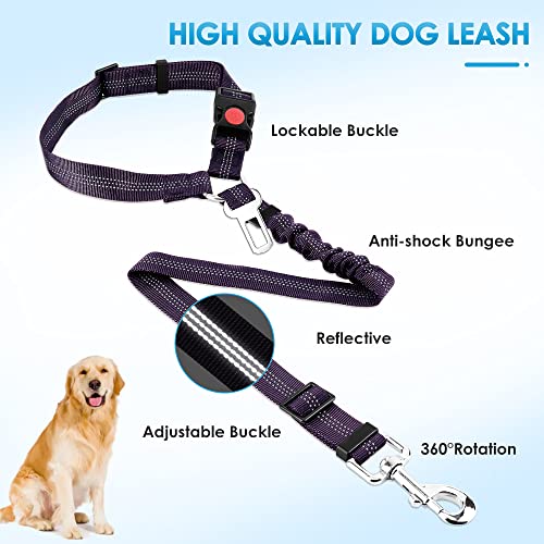 Image of SlowTon Dog Seat Belt for Car, 2 Pack Dog Car Harness Seatbelt with Bungee | 2 in 1 Pet Car Leash Headrest Restraint & Dog Safety Tether Clip, Adjustable with Elastic Buffer, Reflective, Purple M /L