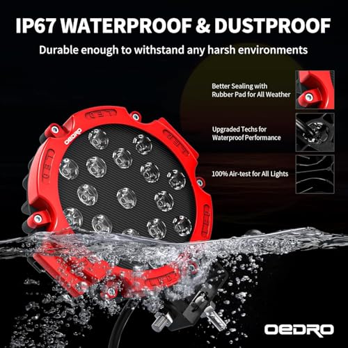 Image of OEDRO 7 Inch LED Light Pods, 51W Round Spot Light Pod 5100LM | Led Work Light for Off Road Lights Fog Bumper Roof Light Fit for Boat, SUV, Motorcycle, Truck, Hunters 2Pcs Red