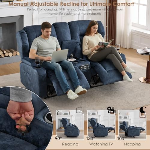 Image of SAMERY 67' RV Loveseat Recliner Sofa, Linen, Wall Hugger, 2 Seats, 350 lbs, Blue, Manual Reclining Home Theater Seating