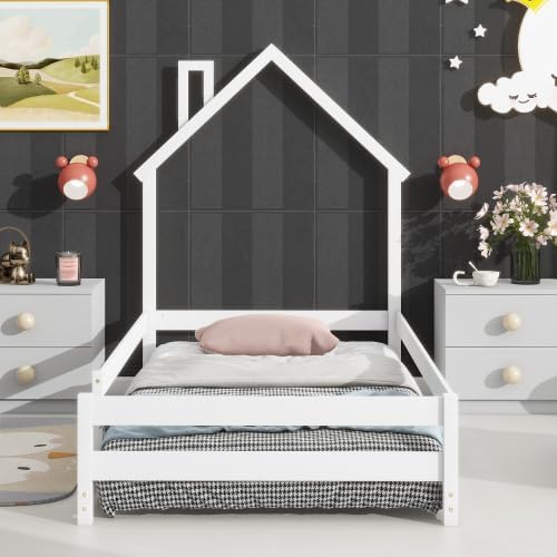 Miniatura 7 de Base de cama individual para niños, cama Montessori de tamaño individual con cabecera y barandillas en forma de casa, camas de madera de tamaño
