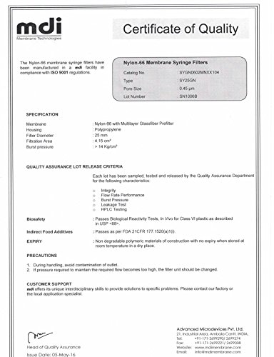 Image of mdi SYGN0602MNXX104 Nylon-66 Membrane Syringe Filter with Microgalssfiber Pre-Filter, Non Sterile, Female Luer-Lock Inlet, Male Luer Slip Outlet, 25 mm Diameter (Pack of 100)